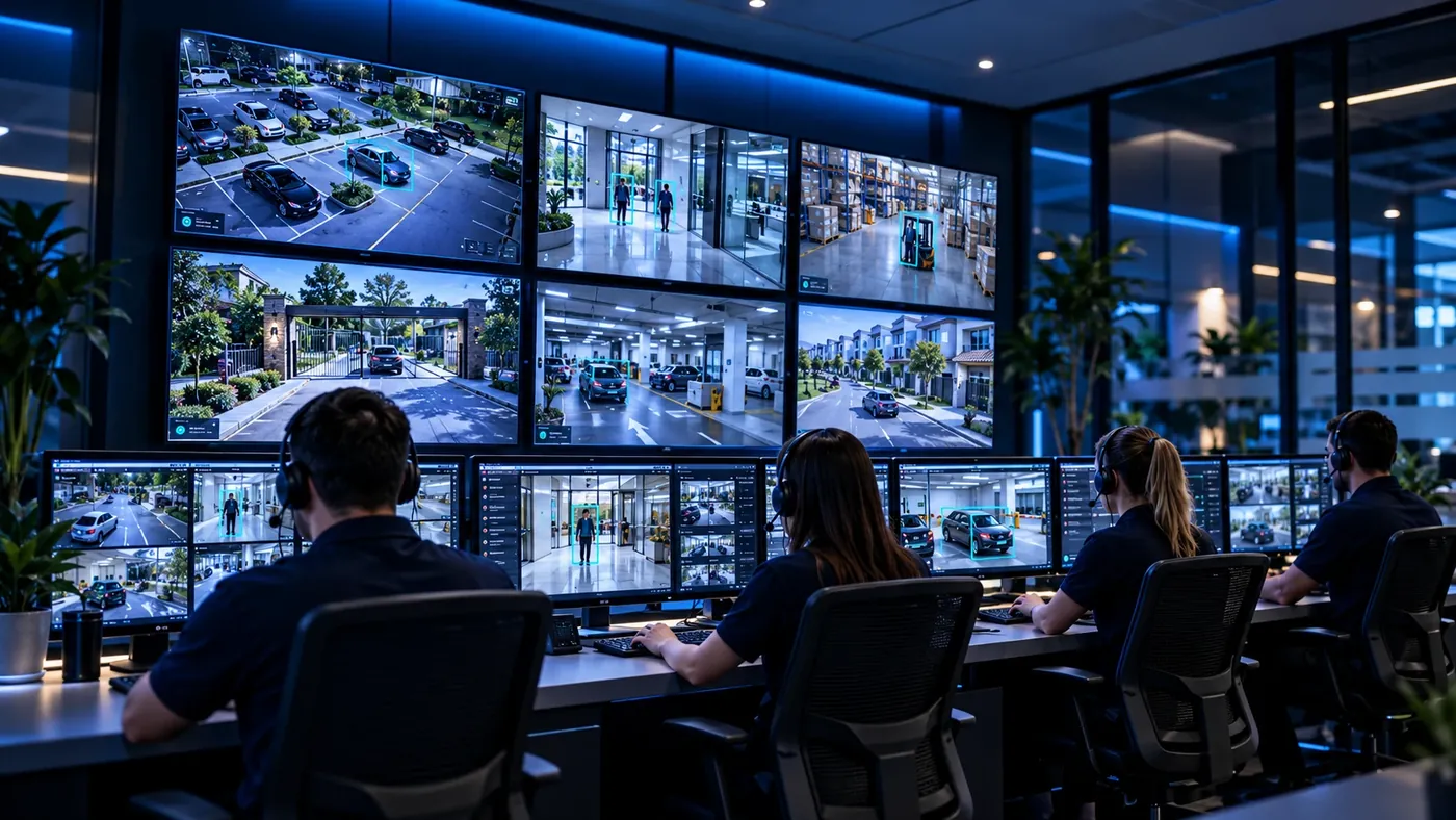 Sala de monitoreo con muro de televisores y operadores atendiendo cámaras